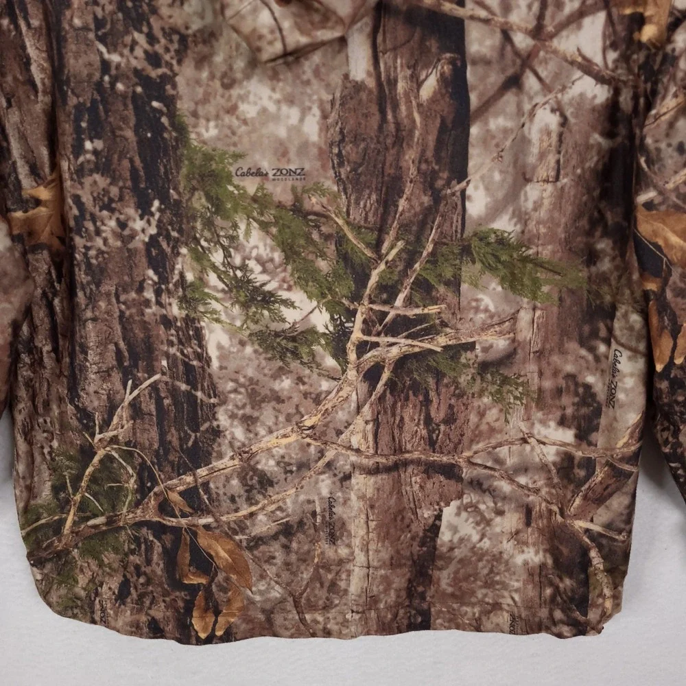 Cabelas ZONZ Woodlands Jacket Mens Camo Packable Hunting Large Brown Hooded Mesh